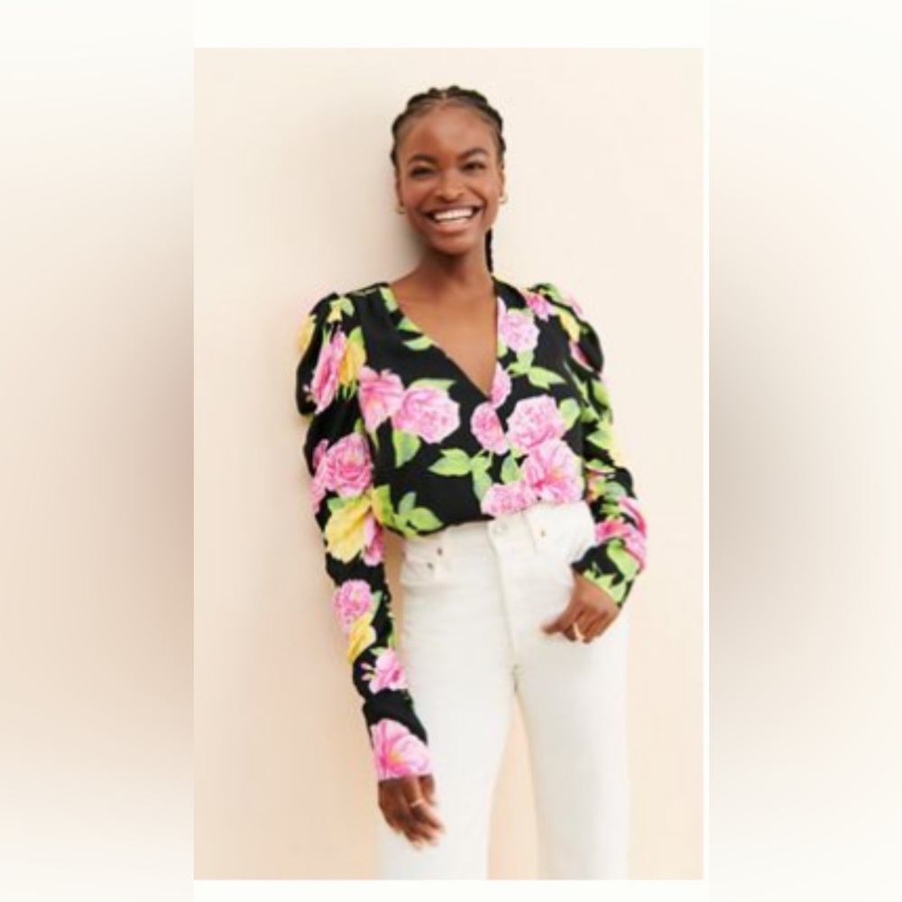 AFMR Danna Surplice Floral Bodysuit with Pink and Yellow Flowers, 2X